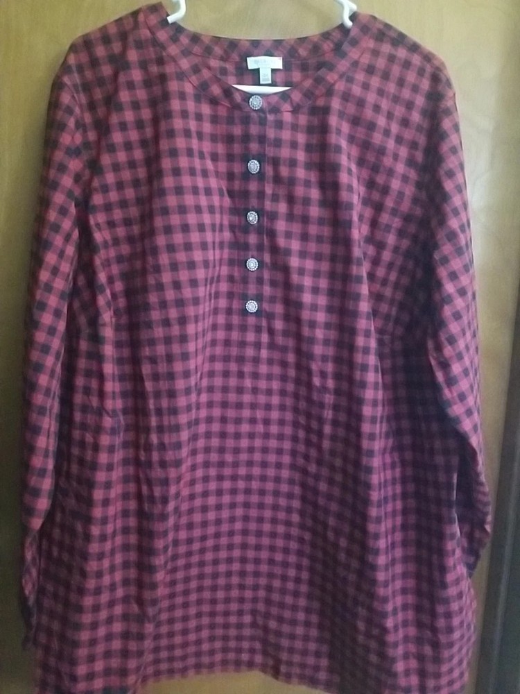 Talbots Top Shirt Red Plaid Cotton Part Buttons Sz 3X  NEW