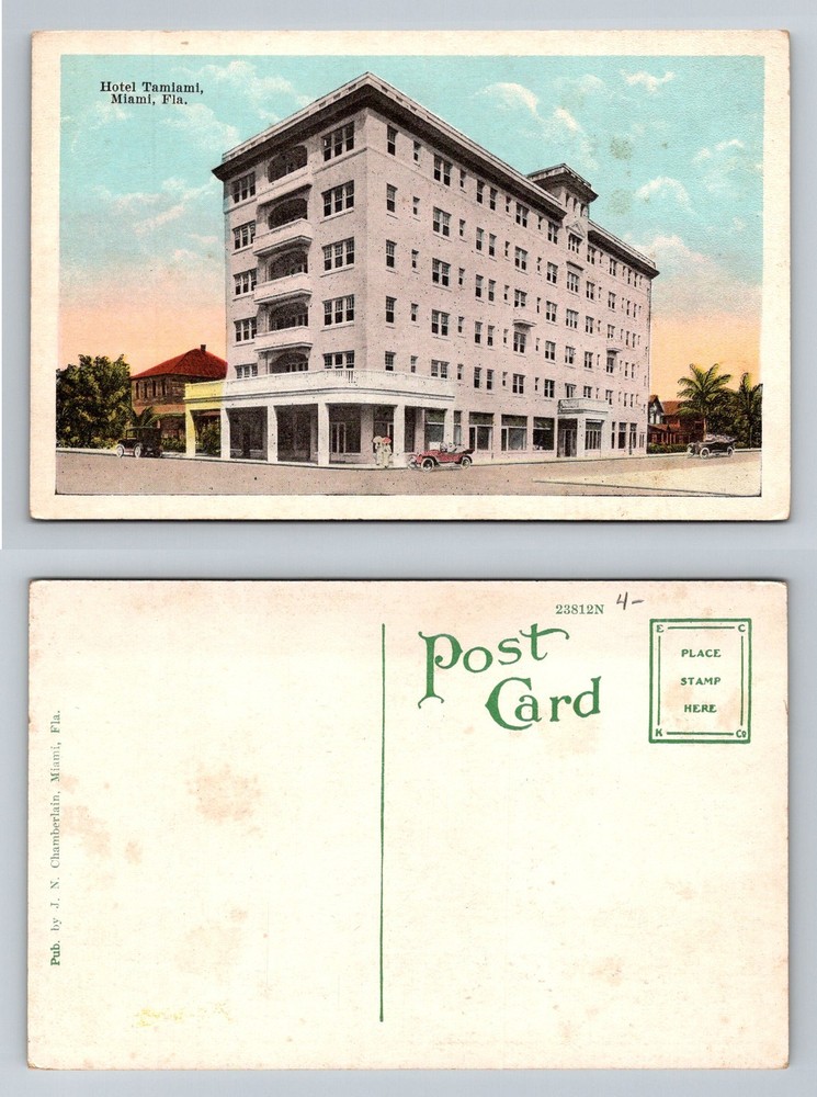 Miami FL-Florida Hotel Tamiami Downtown Street View Early Autos Vintage Postcard