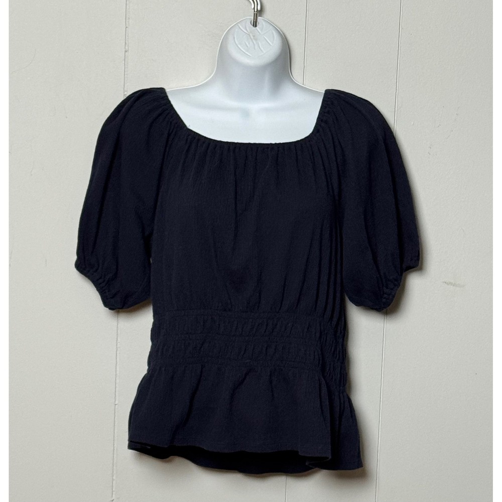 LOFT Navy Blue Smocked Waist Peplum Top Square Neck Puff Sleeve Blouse Size M