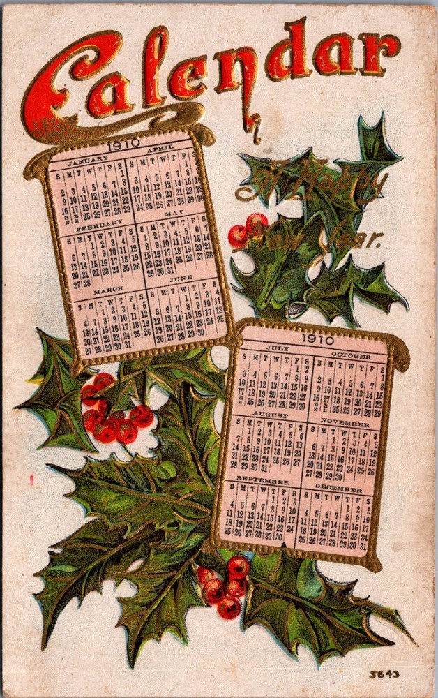 1910 Calendar Postcard Embossed Holly Berries New Year 1909 Postmark PA