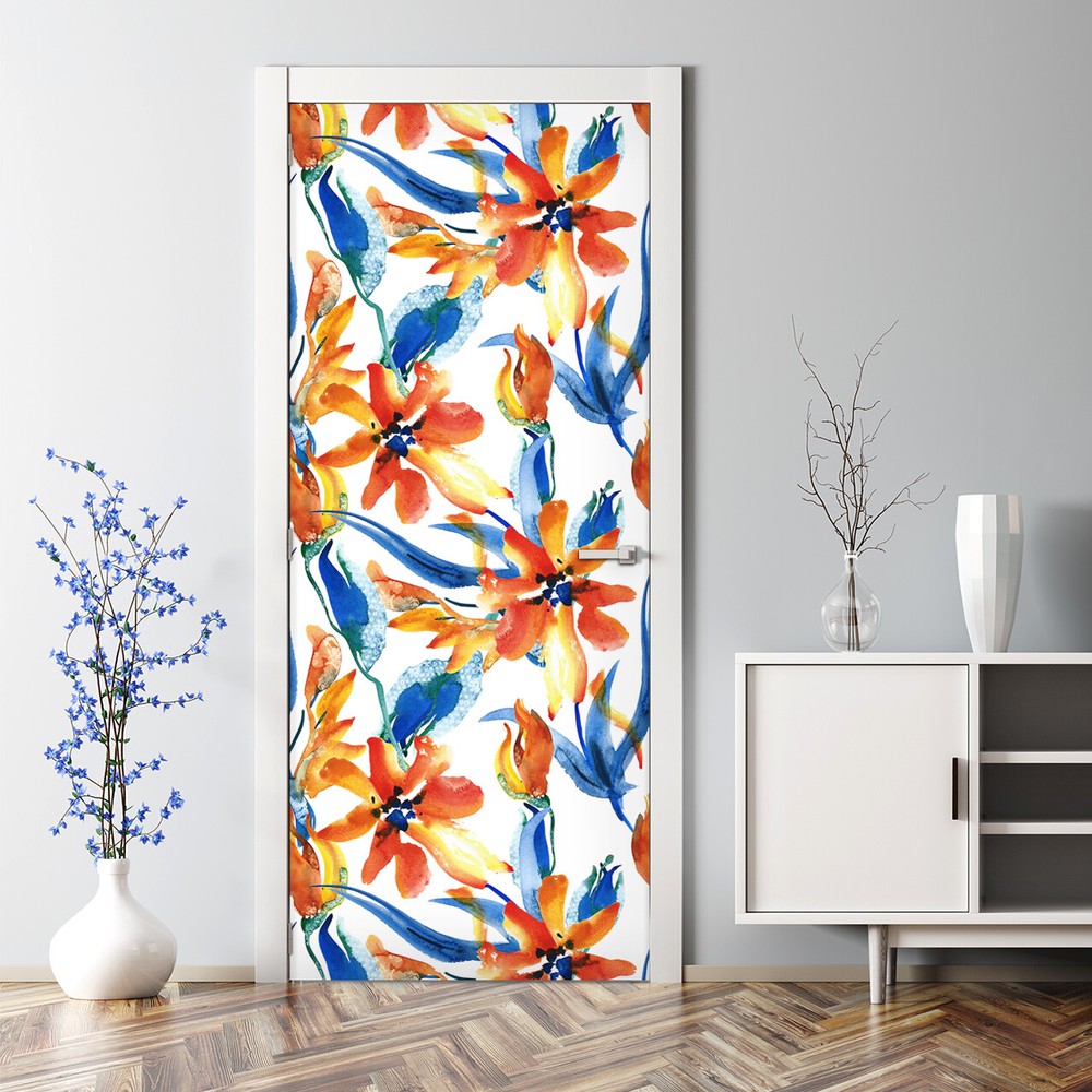Sunny Flowers Bubble Free Colorful Floral Artwork Orange & Blue Door Sticker
