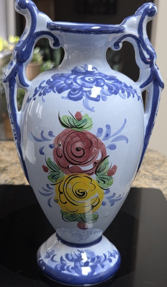 Vintage Vestal Alcobaca Portugal Hand Painted Vase With 2 Handles- 8