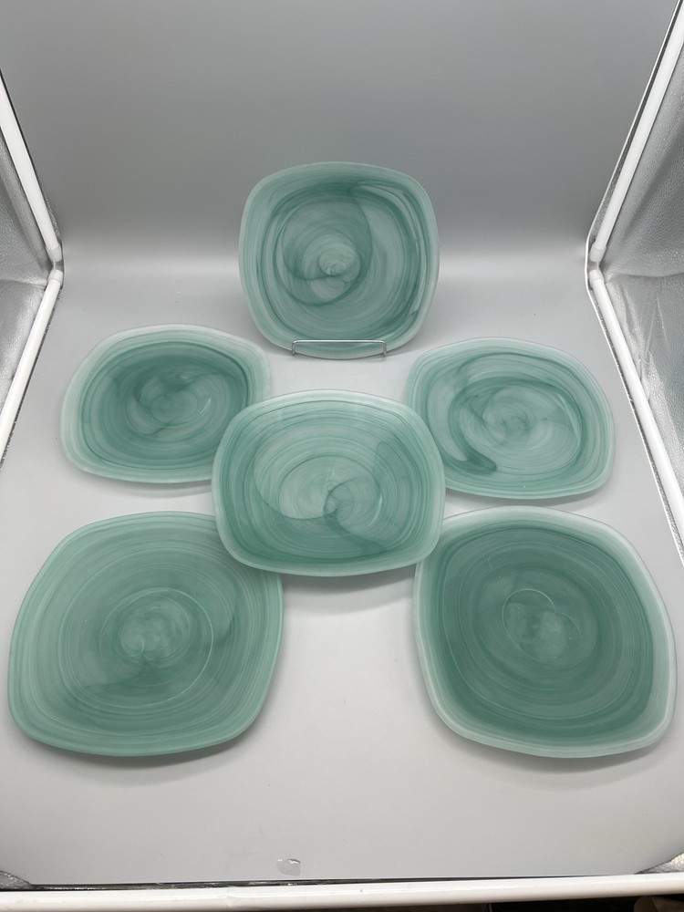 Pier 1 Aqua Alabaster Glass Salad Plates Aqua Blue Swirls 8” Square Set Of 6
