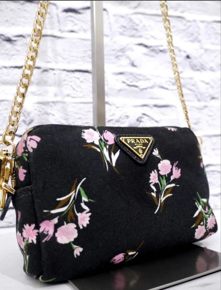 RARE PRADA CANAPA Floral Crossbody Bag Black Shoulder Pouch Camera Purse