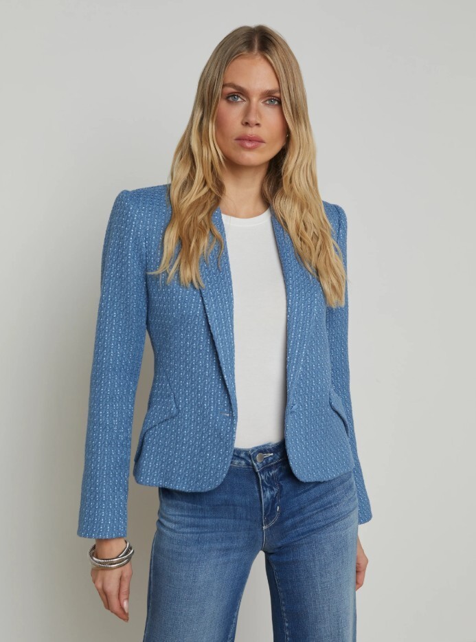 NEW L'AGENCE Jennah Tweed Blazer Harbor Blue/Good Luck Chain