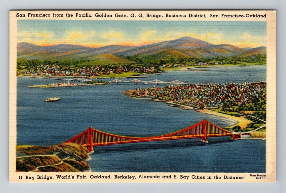 San Francisco, CA-California Golden Gate Bay Bridge Harbor View Vintage Postcard
