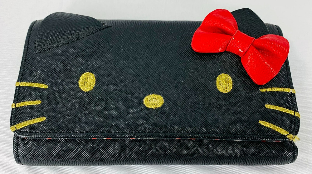 Sanrio Hello Kitty Face Tri-Fold Wallet Black Red Bow Button Clutch
