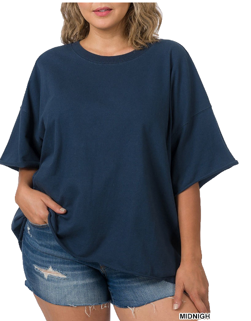 Zenana  1X French Terry Oversized Drop Shoulder Round Neck Raw Hem Tee Navy