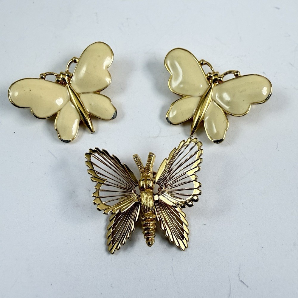 VTG 3 Monet Butterfly Pins Gold Tone Wire Enameled Scatter Brooch Easter Spring