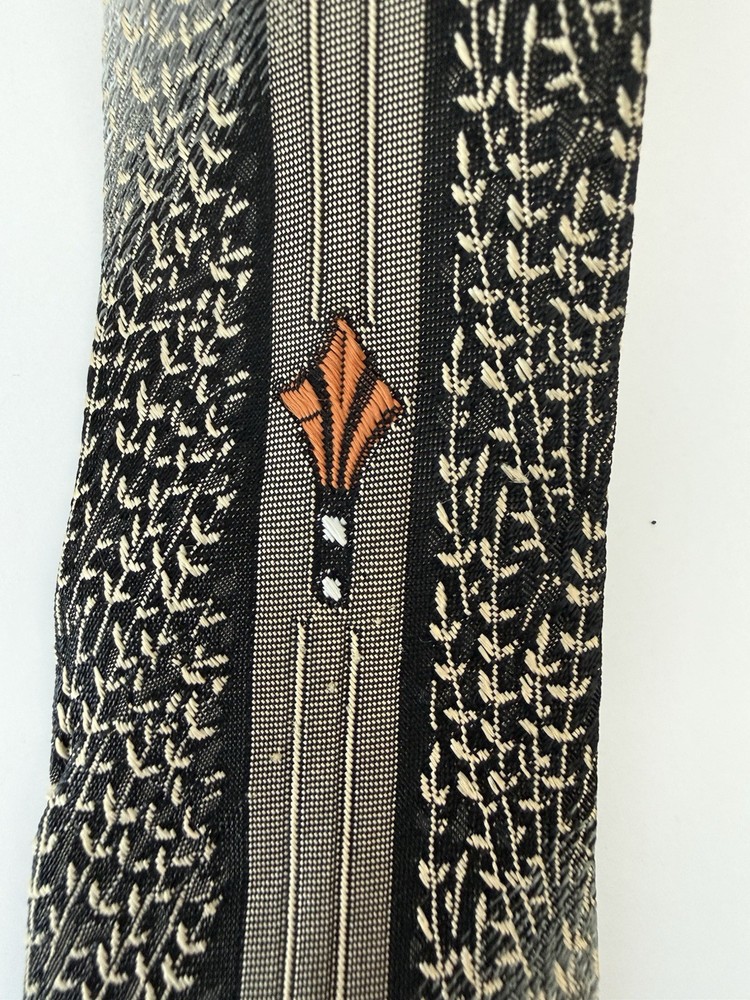 Vintage 1950s 1960s Skinny Tie Atomic Mod Black Gold Necktie Famous Barr Co.