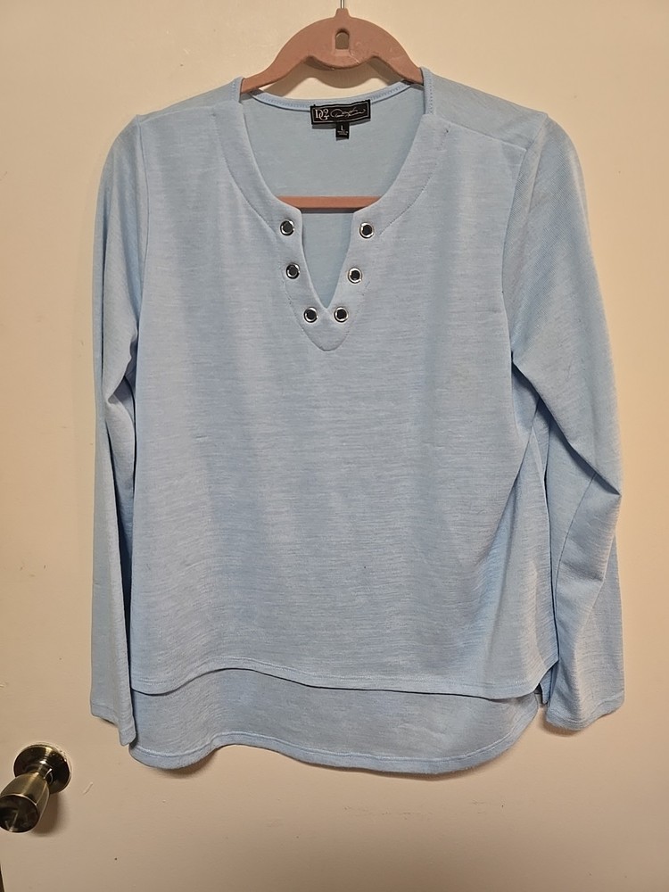DG2 by Diane Gilman Women's Long Sleeve V-Neck Blouse Blue LARGE