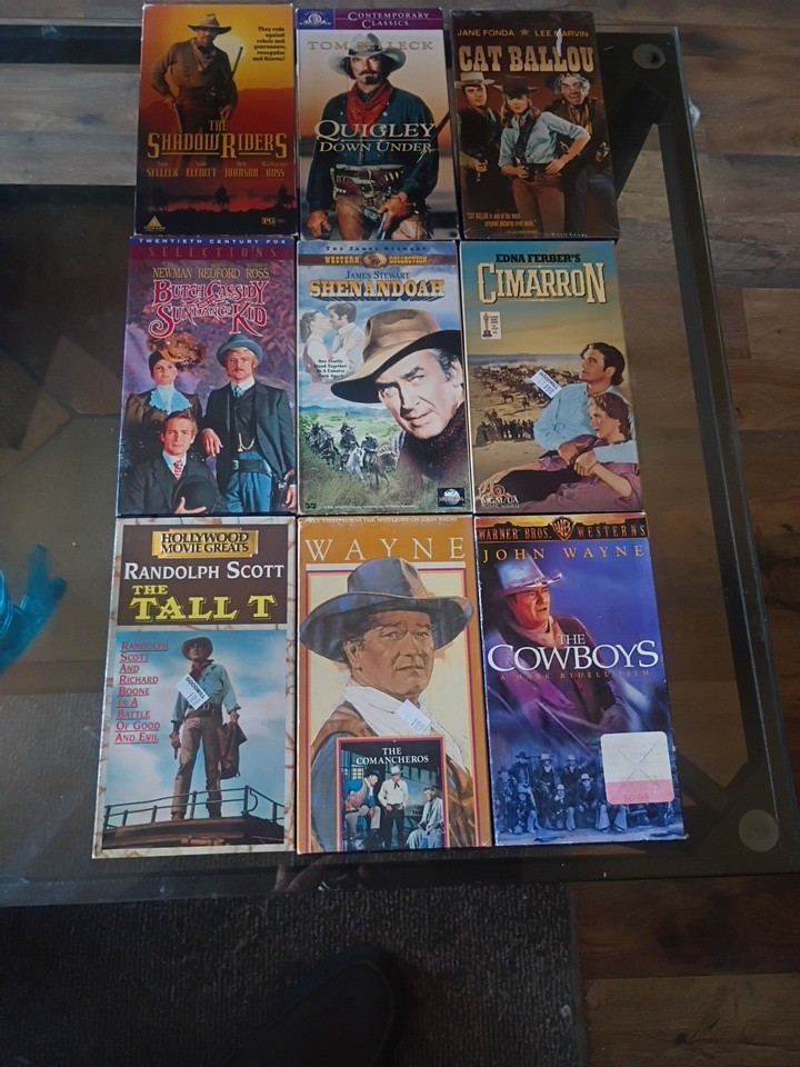 Lot of 9 WESTERN VHS Tapes - John Wayne  James Stewart  Roy Rogers +