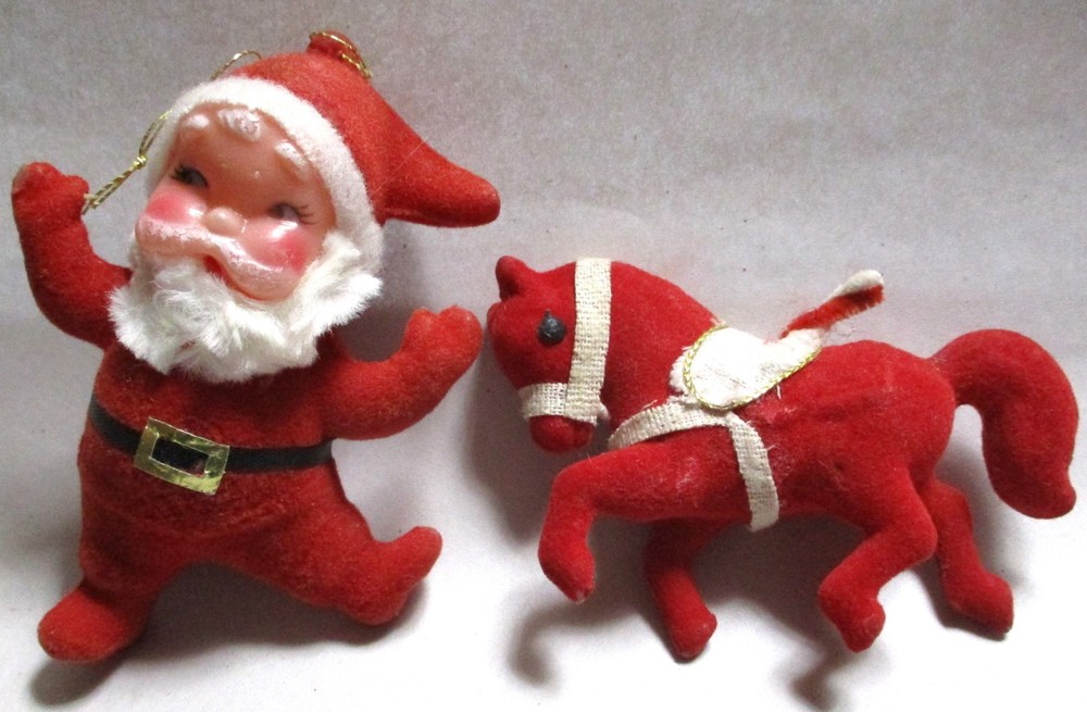 Vintage Santa Claus & Horse, Red Flocked Christmas Ornaments, Rubber Face