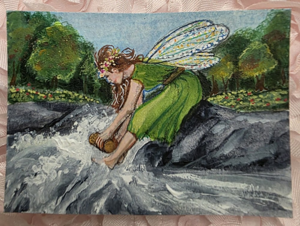 ACEO Original Fantasy Illustration Painting Fairy Woman River Forest Whimsical