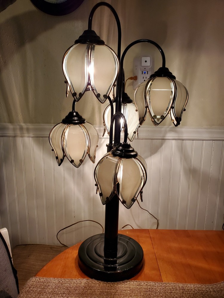 VTG Tulip Lamp Lotus Flower Hollywood Regency MCM Black Glass Watrfall Art Deco