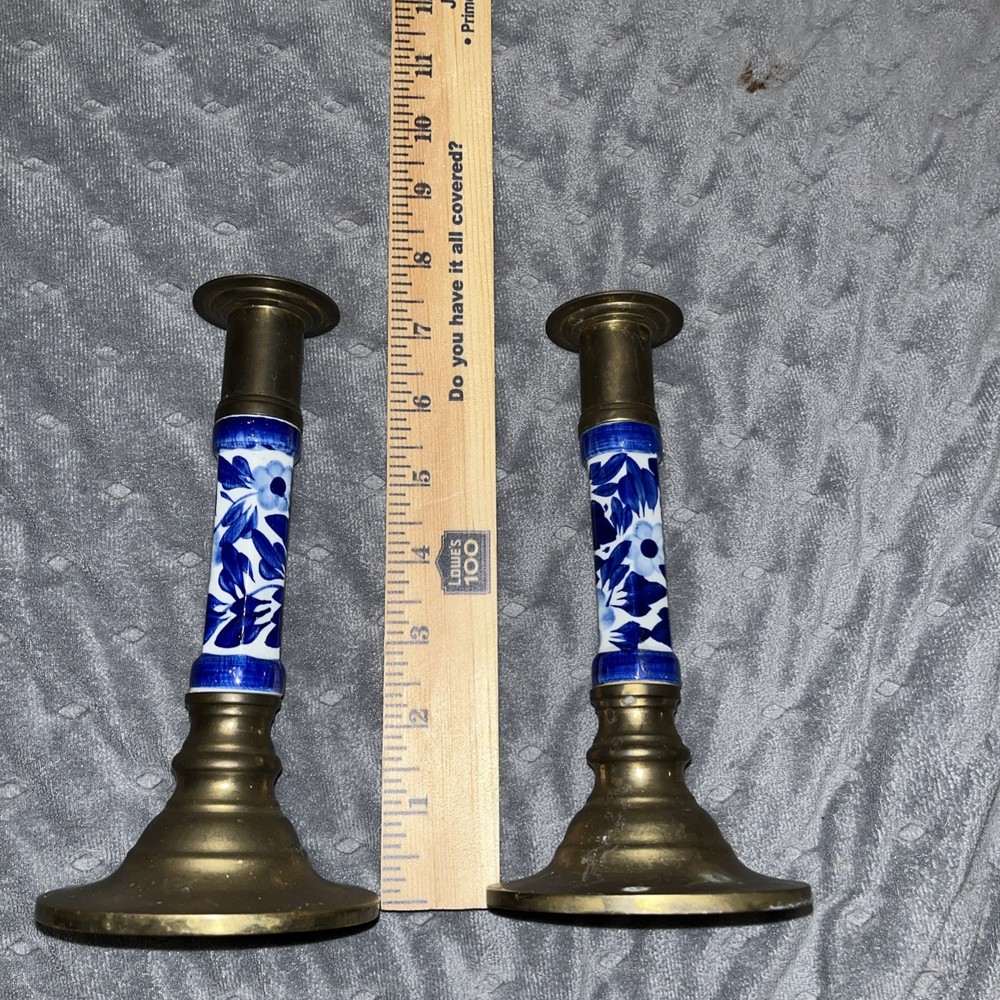 Set of 2 Solid Brass Candlestick Holders Ceramic Blue White Delft Floral