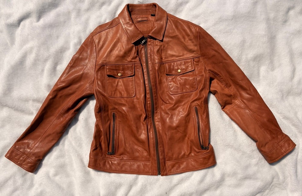 Roundtree & Yorke Men’s Brown Genuine Lamb Skin Leather Jacket Lined Size Medium