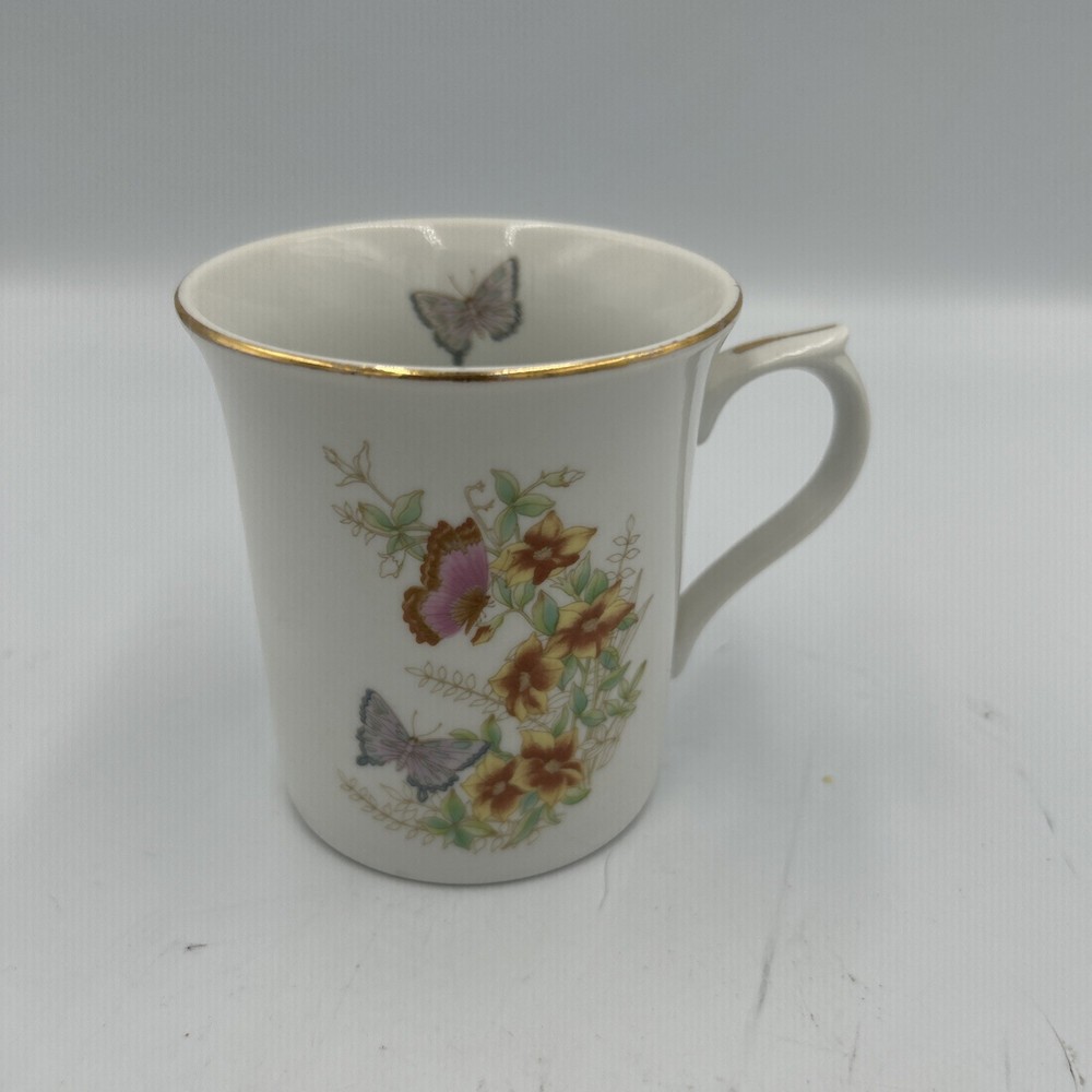 Vintage Butterfly Floral Porcelain Coffee Mug Gold Trim Tea Cup Cottagecore