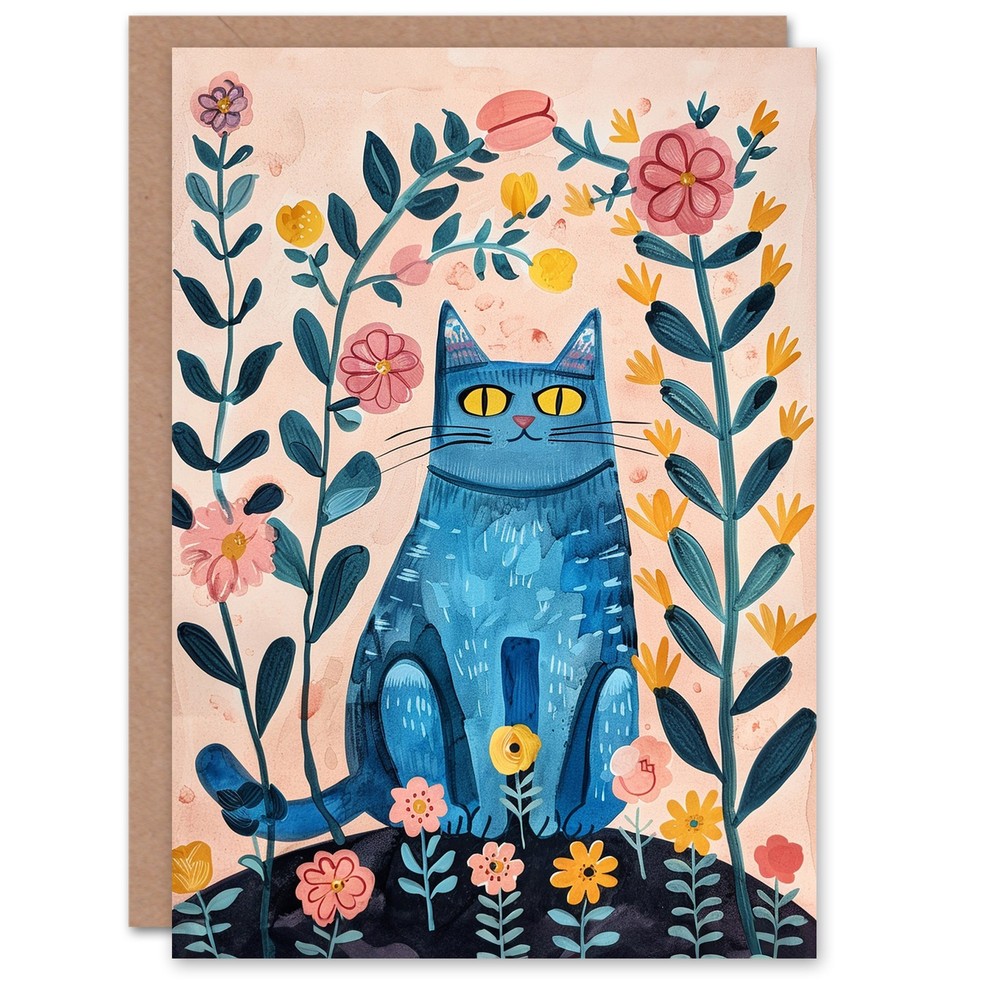 Blue Kitten Wildflowers Floral Folk Art Cat Lover Birthday Card