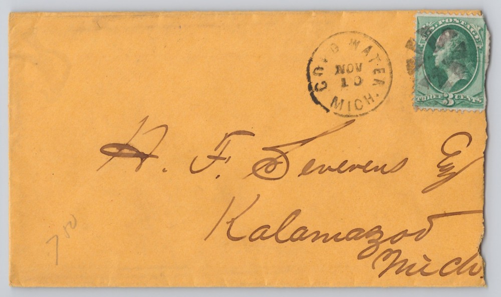 Kalamazoo, Michigan hand-addressed envelope, green Franklin stamp, Nov 10 cancel