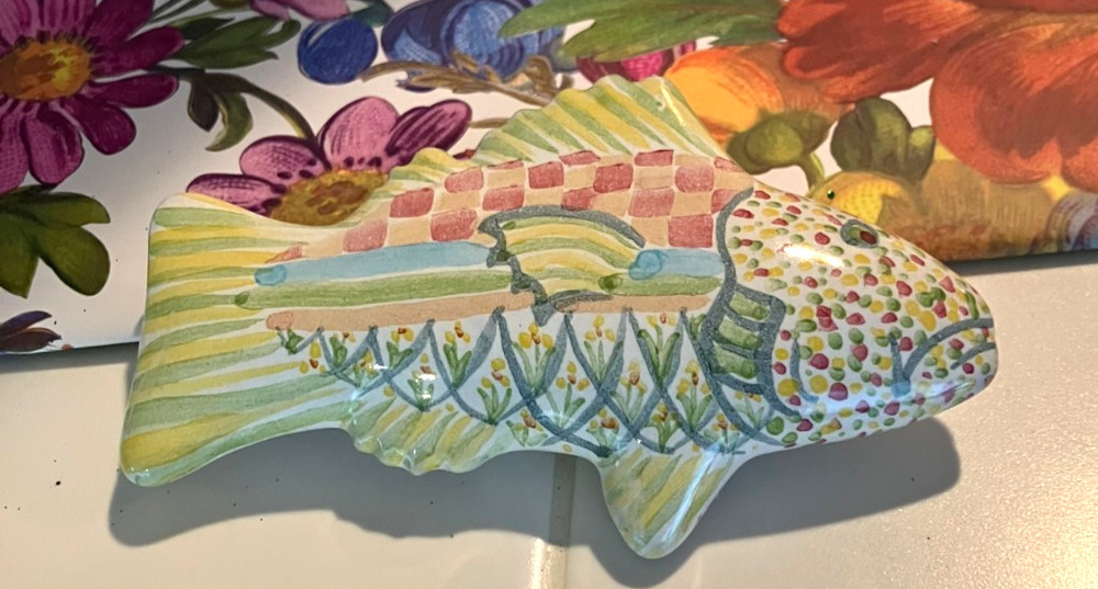 Mackenzie-Childs Right  Facing Yellow & Green Ceramic Fish Knob/Pull,New