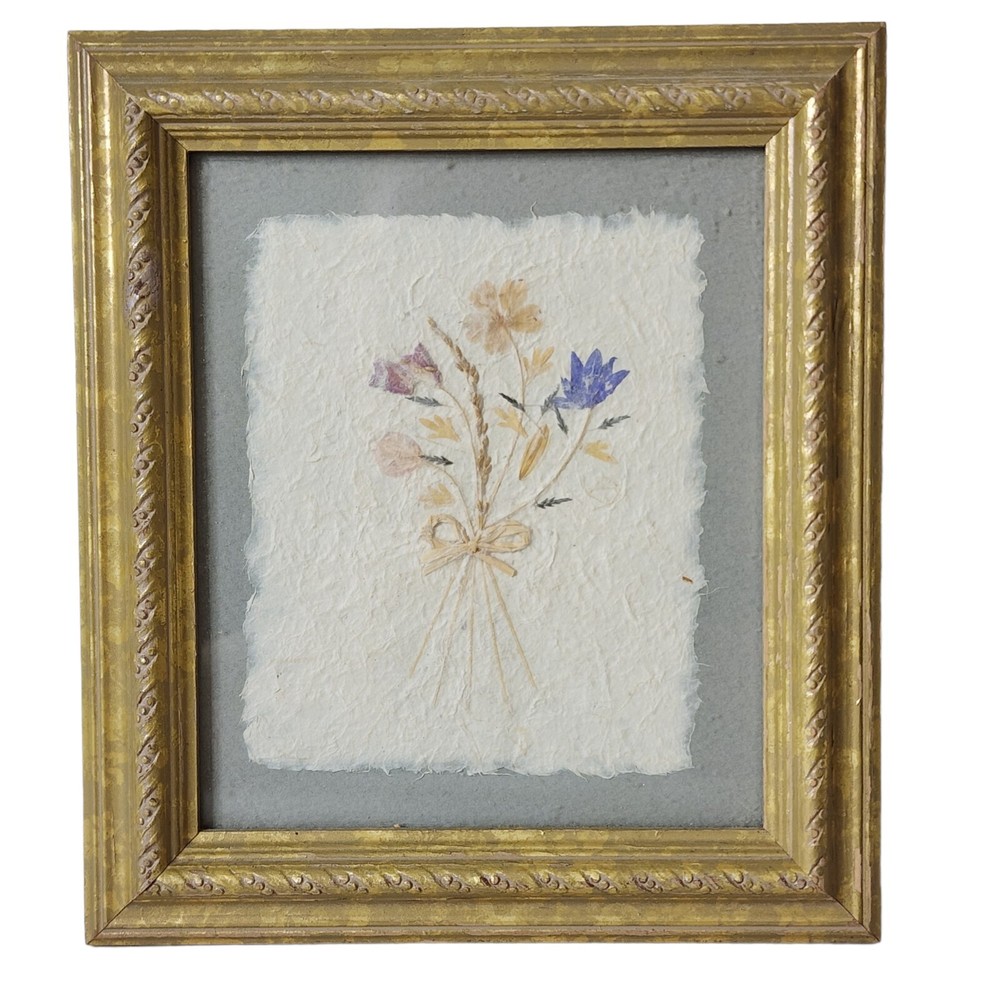 Dried Pressed Wild Flowers Arrangement in Gold Tone Picture Frame Floral 8