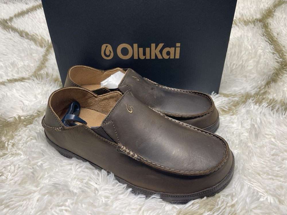 🧡Olukai Moloa Men's Size 10 Dark Wood/Dark Java Waxed Leather Slip-On Fast Ship
