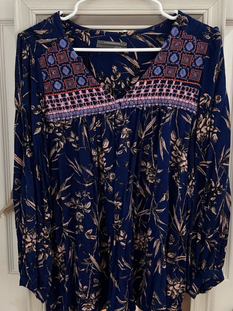 Anthropologie Navy Pink Floral Embroidered V-Neck Long Sleeve Tunic Blouse