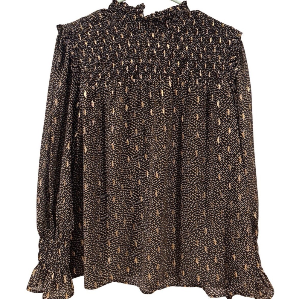 Elan Blouse Women's  Size Small Black Gold Chiffon Long Sleeve Smocked Ruffled