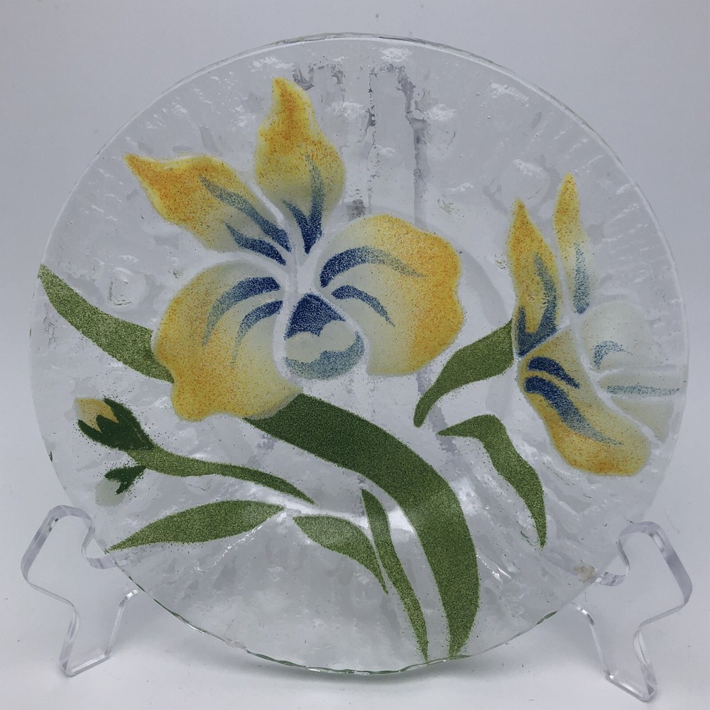 Sydenstricker Fused Art Glass Yellow Blue Iris Flower Plate 6.75” Summer Spring