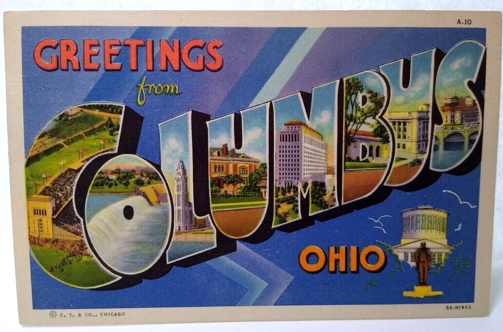 Greetings From Columbus Ohio Large Big Letter Postcard Linen Unused Vintage