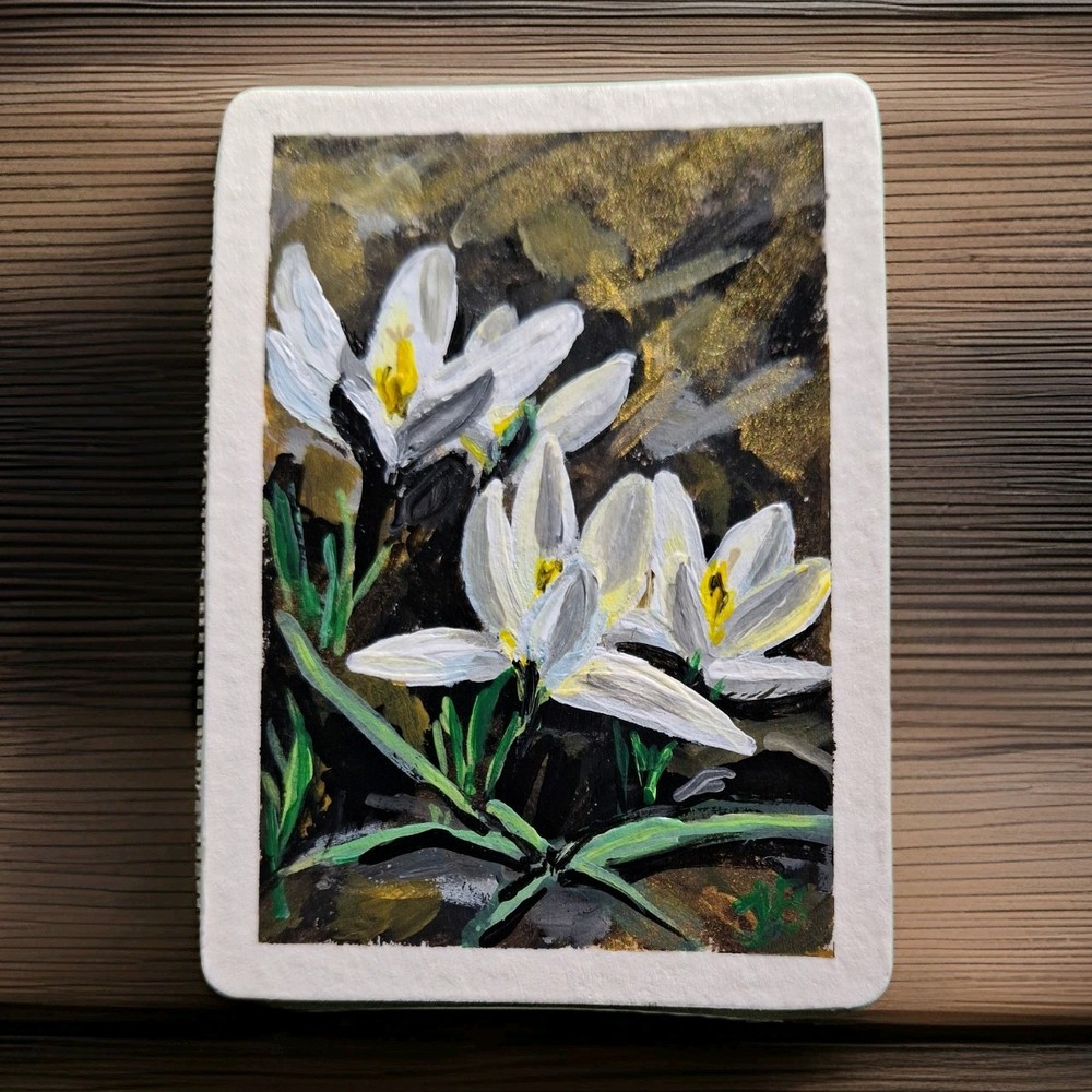ACEO Original Acrylic Painting Art Card WHITE SPRING FLOWERS Hand Painted