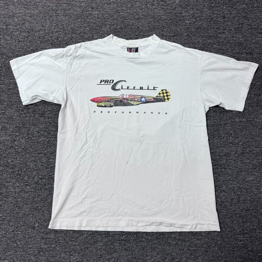 Vintage 90s Giant Tag Pro Circuit Performance P-51 Mustang Airplane T-Shirt Sz L