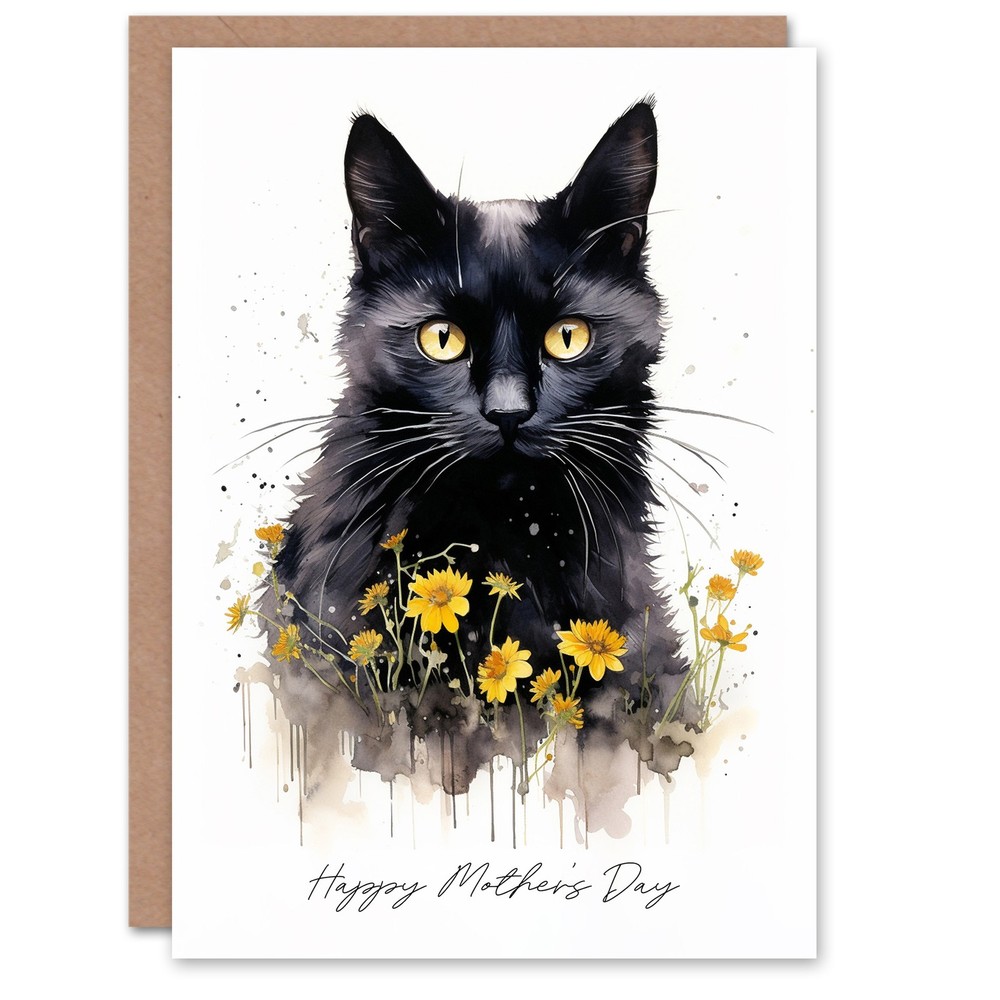 Mother's Day Greeting Card Black Cat Lover Yellow Flowers For Mum