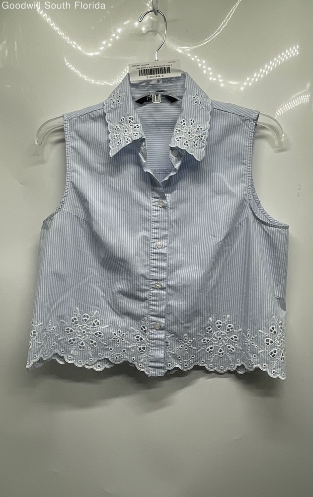 Zara Womens Blue White Striped Eyelet Sleeveless Cropped Button-Up Shirt Size M