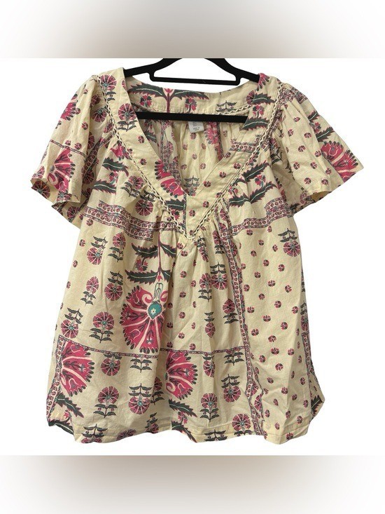 Haute Hippie Boho EyeletFloral Colorful Print Top Blouse Size Large
