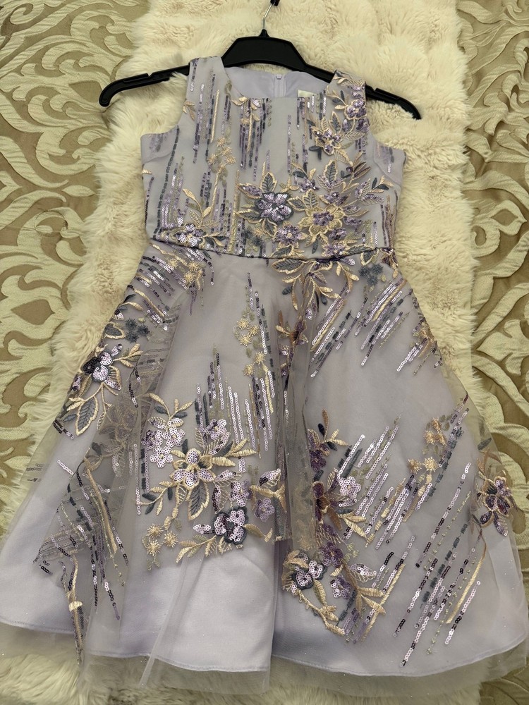 Rare Editions Girls Fit and Flare Dress Size 12 Lavender Sequin Floral Embroider