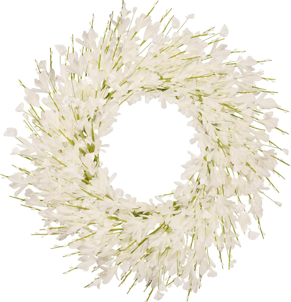 24 Inch Artificial White Forsythia Flower Wreath, Silk & Paper Bridal Floral ...