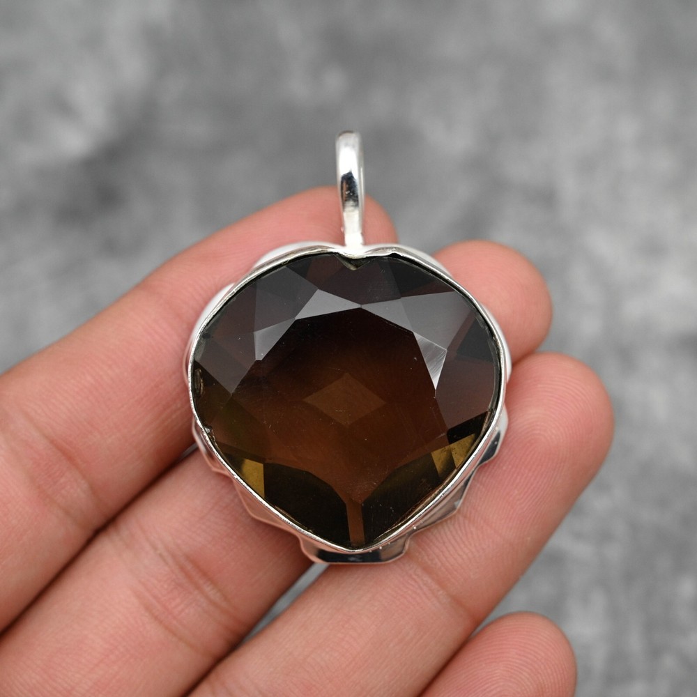Smokey Quartz Gemstone Heart Pendant 925 Sterling Silver Handmade Jewelry Gift