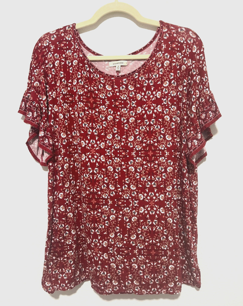 Max Studio Women's Size 1X  Red Floral Top Ruffle Flutter Sleeve Casual Boho
