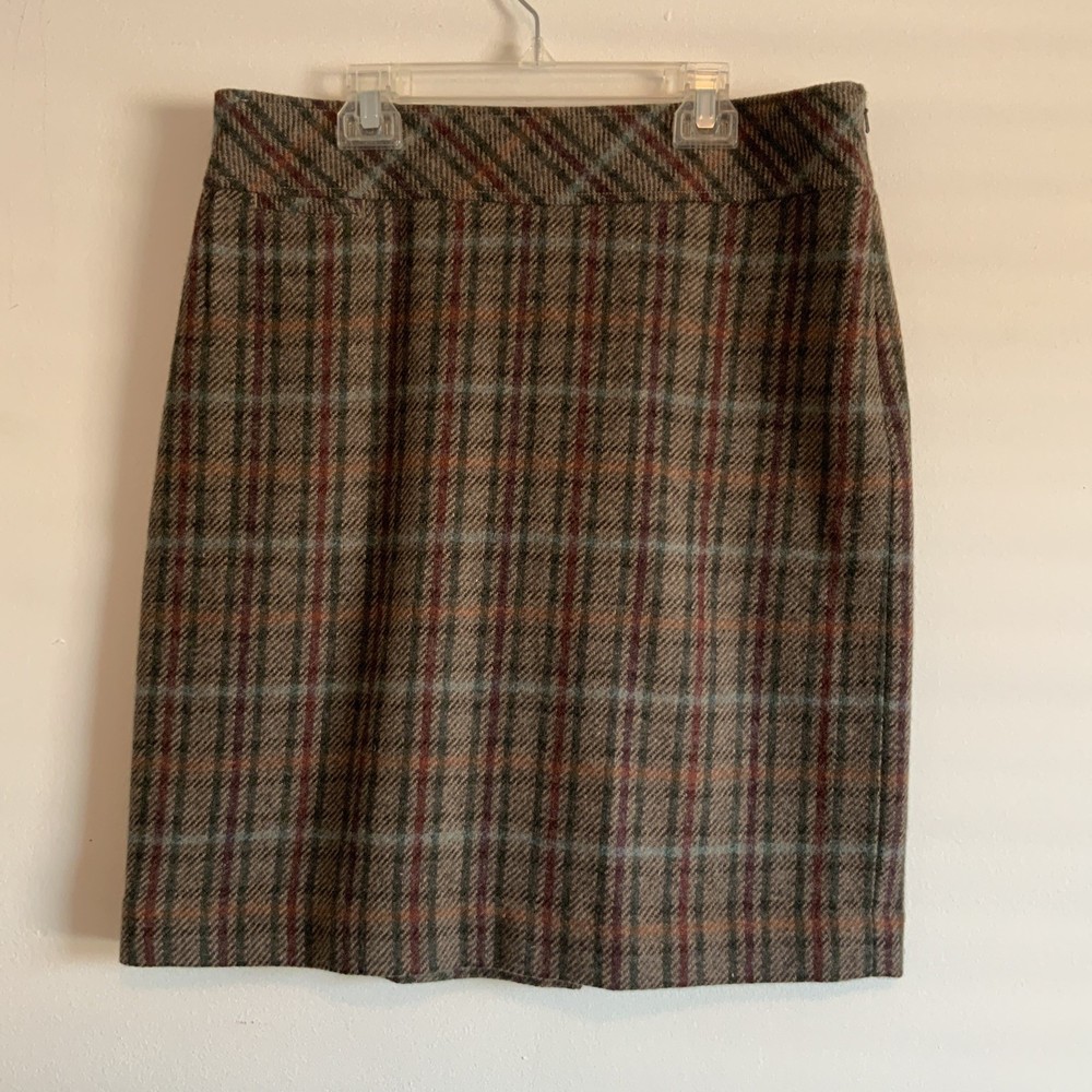 L.L. Bean Plaid Skirt Tartan Straight Green Wool Blend Size 12 Vintage
