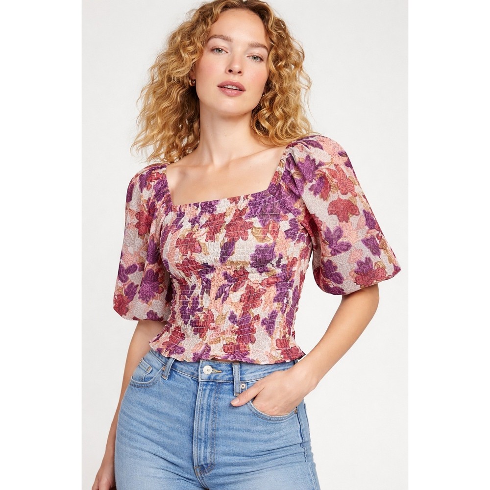 Old Navy Womens 2X Floral Smocked Puff Sleeve Square Neck Blouse Purple Red