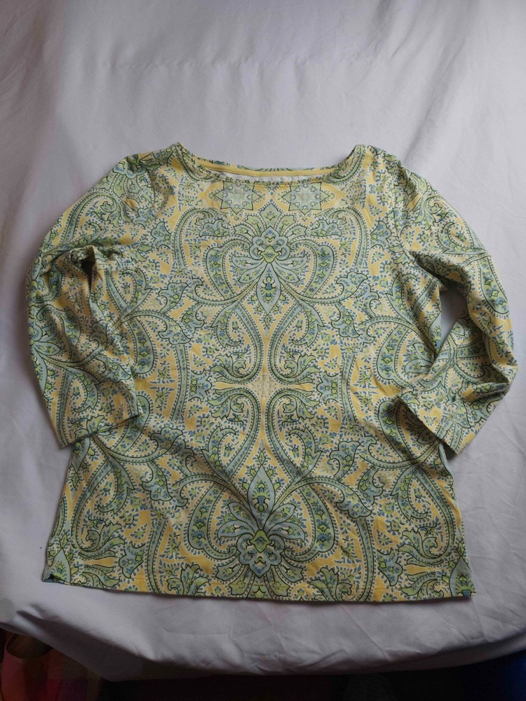 Talbots Tee Shirt Top Women Large Green Yellow Floral Long Sleeve Casual Stretch