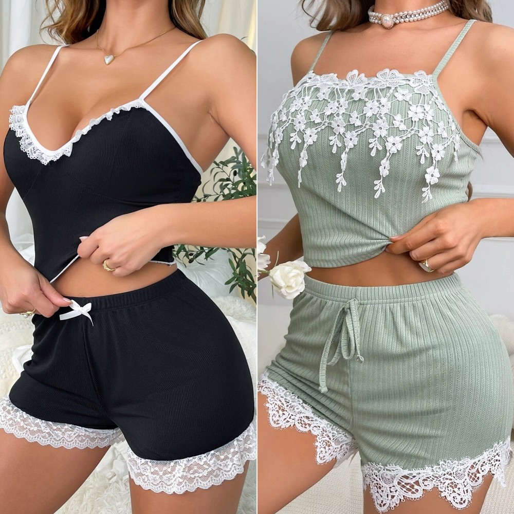 Women's Pajama Set Ruffle Trim Cami Top and Shorts 2 Piece Sleepwear Set US FAST