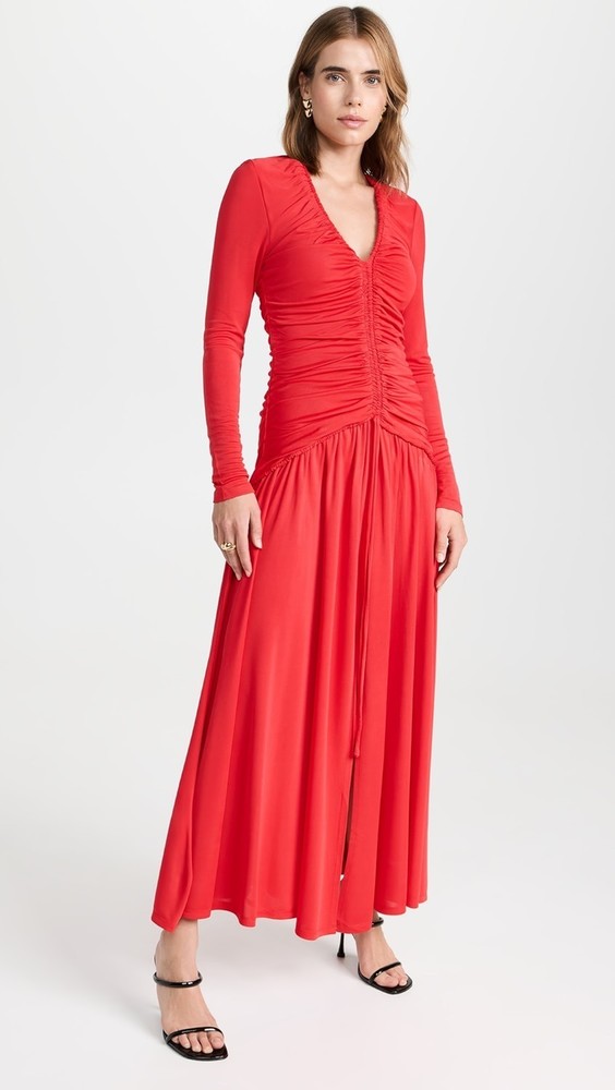 Farm Rio Dress Womens Large Red V Neck Ruched Maxi
