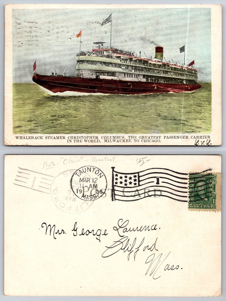 1906 Whaleback Steamer Christopher Columbus Milwaukee Chicago Postcard