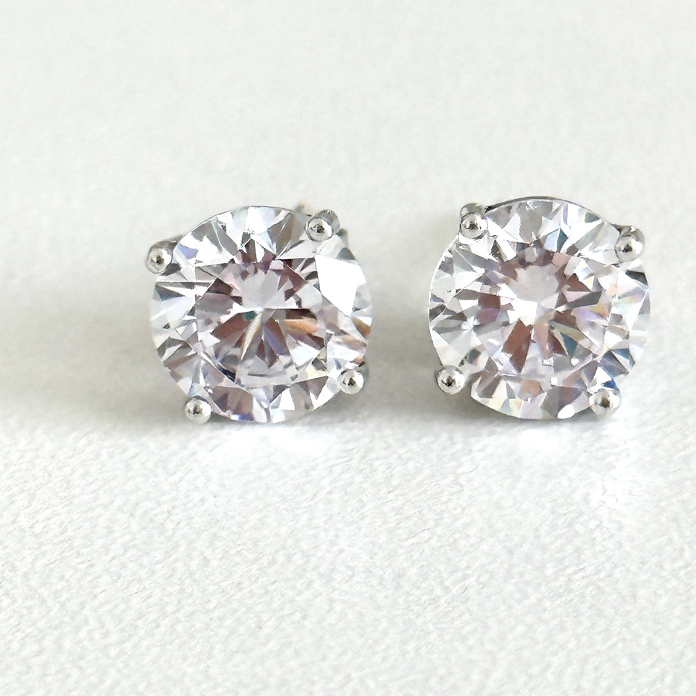 925 Sterling Silver Clear CZ Sparkly 7.5MM Cubic Zirconia Ladies Stud Earrings