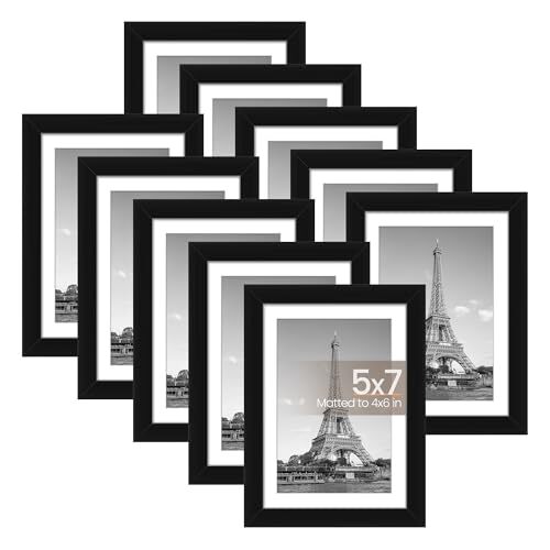 Picture Frame Set of 10, 4x6 with Mat or Without Mat, Multi Photo 5x7 Black