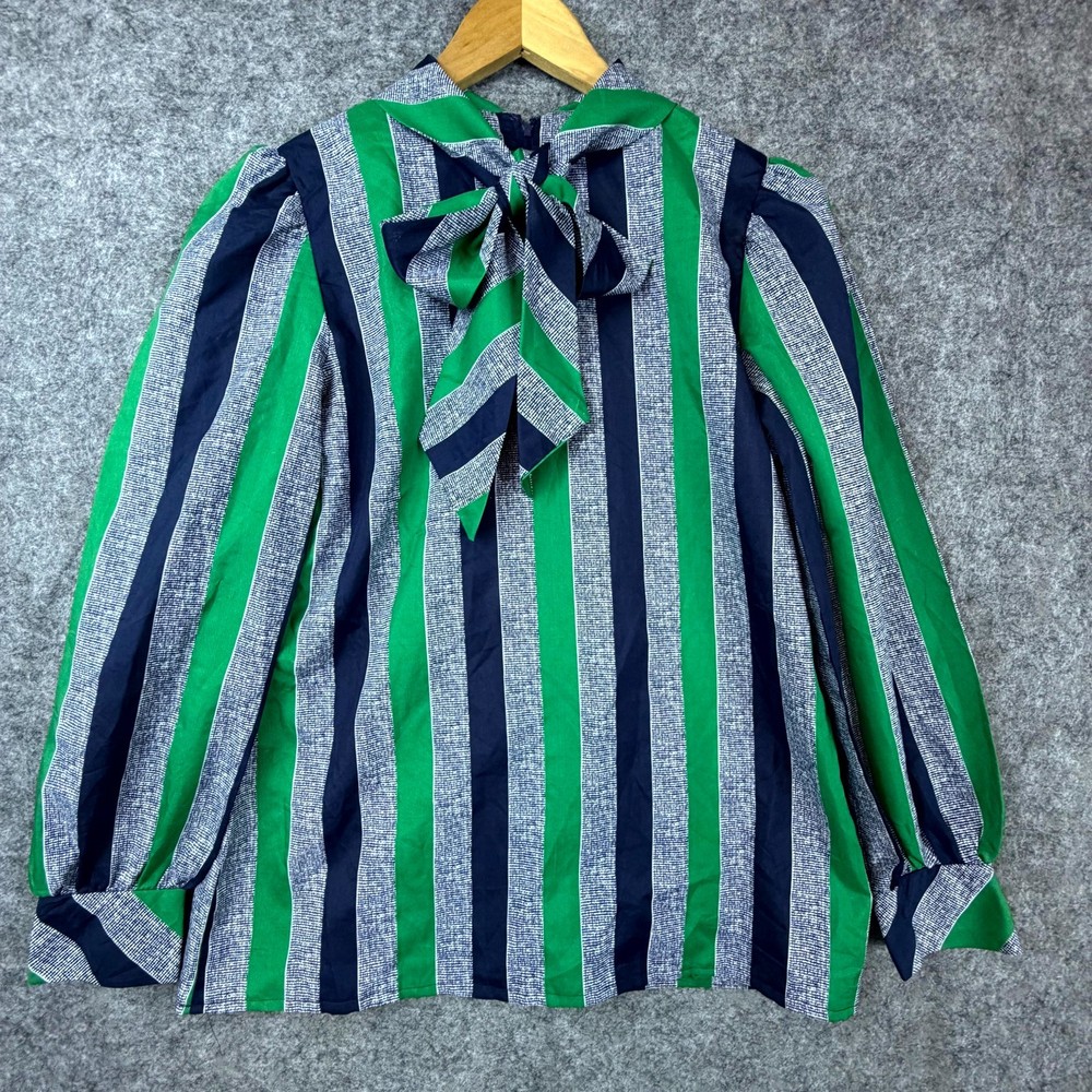 Vintage Secretary Blouse Top Women Blue Green Pussy Bow Tie Neck 90s Office Chic