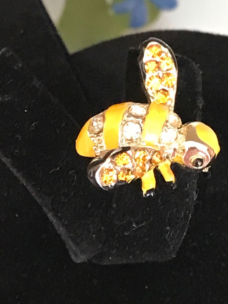 Vintage Gold Tone & Enamel Painted Yellow Bumble Bee Rhinestone Brooch / Pin
